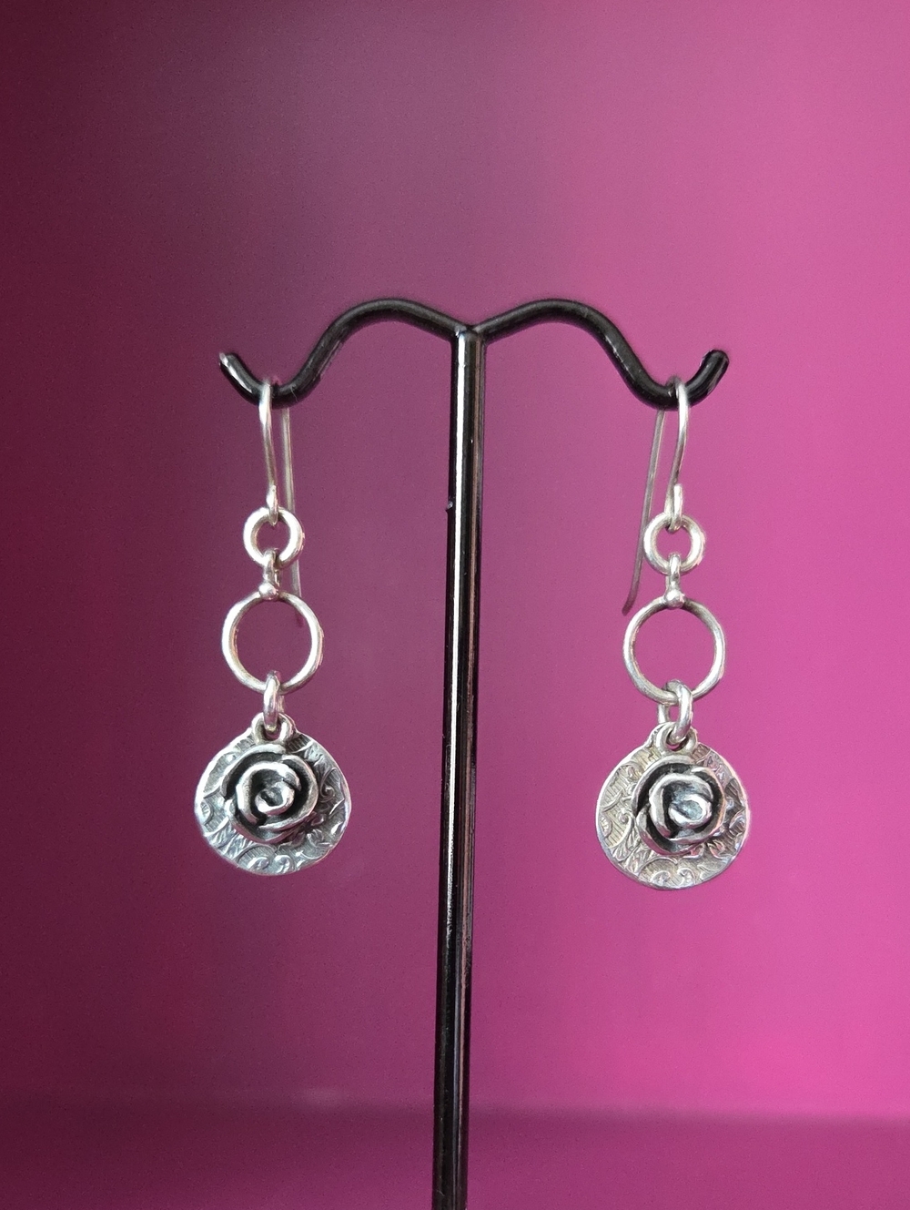 Vintage 90s Y2K Didae Sterling Silver Rose Charm Double Drop Earrings